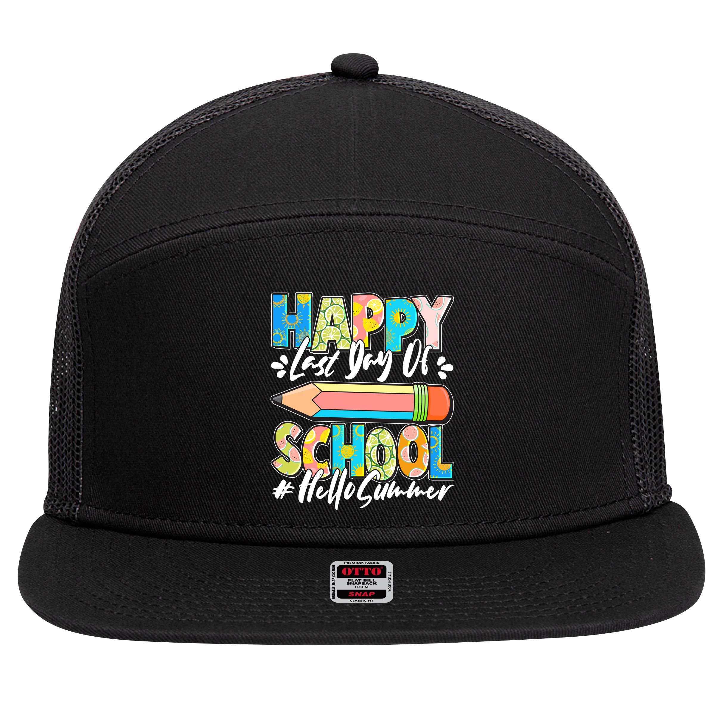Happy Last Day Of School #Hello Summer 7 Panel Mesh Trucker Snapback Hat