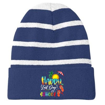 Happy Last Day Of School Teacher Student Graduation Summer Striped Beanie with Solid Band