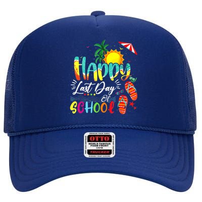 Happy Last Day Of School Teacher Student Graduation Summer High Crown Mesh Back Trucker Hat