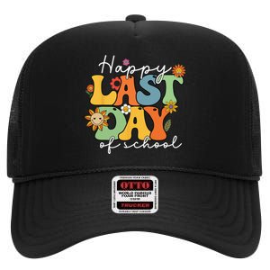 Happy Last Day Of School Graduation Groovy Teacher Student High Crown Mesh Back Trucker Hat