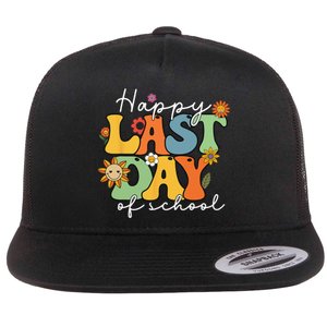 Happy Last Day Of School Graduation Groovy Teacher Student Flat Bill Trucker Hat