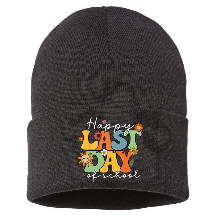 Happy Last Day Of School Graduation Groovy Teacher Student Sustainable Knit Beanie