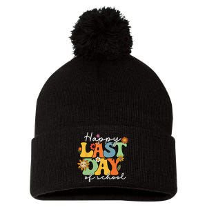 Happy Last Day Of School Graduation Groovy Teacher Student Pom Pom 12in Knit Beanie