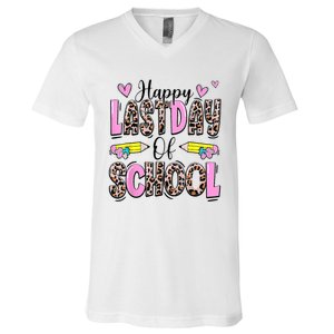 Happy Last Day Of School Leopard Teacher End Of School Year V-Neck T-Shirt