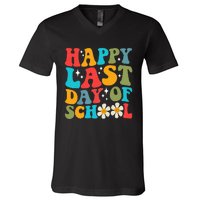 Happy Last Day Of School Hello Summer Groovy Teacher Student V-Neck T-Shirt