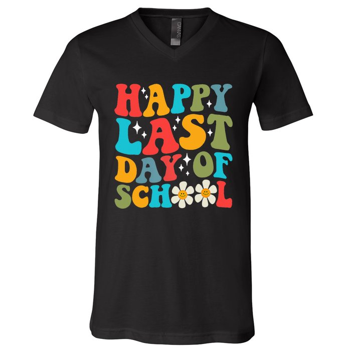 Happy Last Day Of School Hello Summer Groovy Teacher Student V-Neck T-Shirt