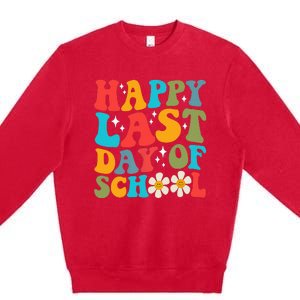 Happy Last Day Of School Hello Summer Groovy Teacher Student Premium Crewneck Sweatshirt