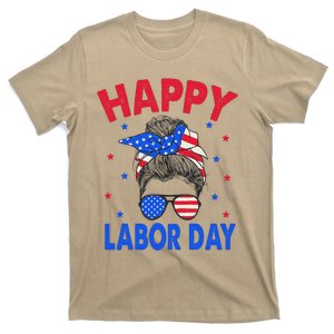 Happy Labor Day Messy Bun USA Flag T-Shirt