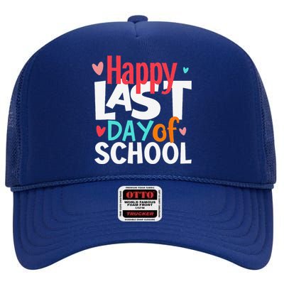 Happy Last Day Of Schools Teacher Student Hello Summer High Crown Mesh Back Trucker Hat