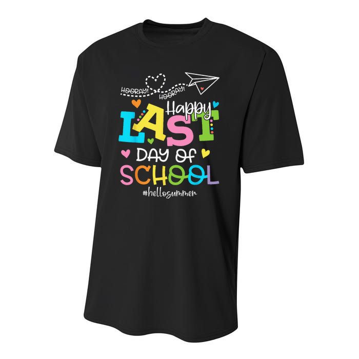 Happy Last Day Of School Hello Summer Students And Teachers Youth Performance Sprint T-Shirt