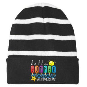 Happy Last Day of School Teachers Student Hello Summer Vibes Striped Beanie with Solid Band