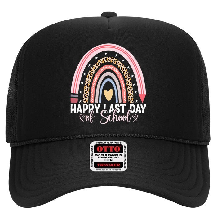 Happy Last Day Of School Hello Summer Teacher Student High Crown Mesh Back Trucker Hat