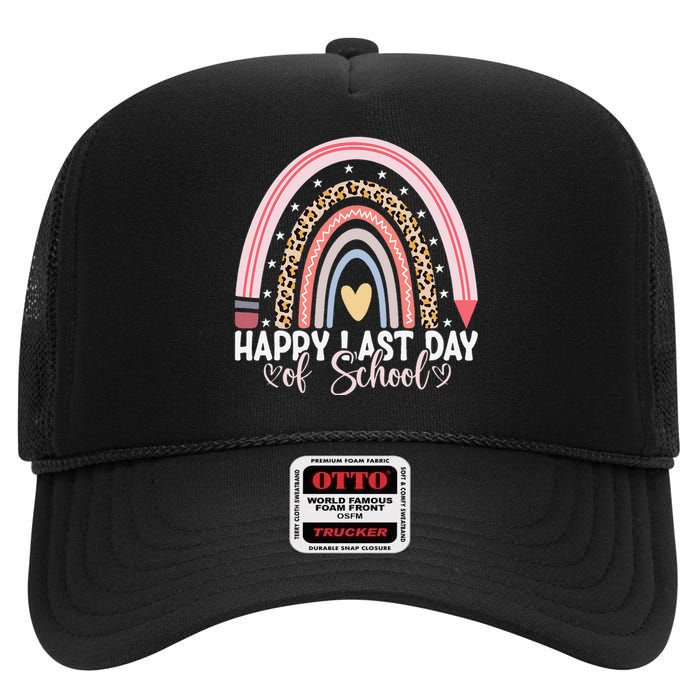 Happy Last Day Of School Hello Summer Teacher Student High Crown Mesh Back Trucker Hat