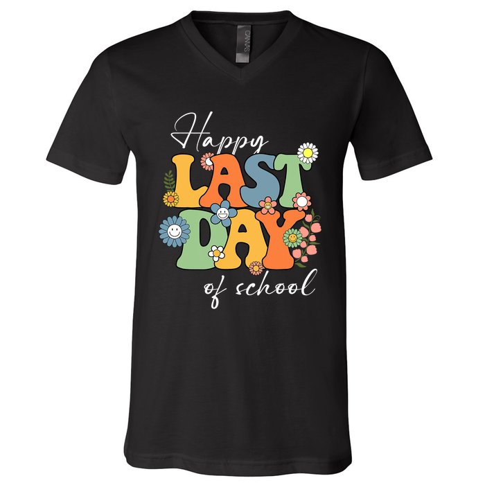 Happy Last Day Of School Graduation Groovy Teacher Student V-Neck T-Shirt