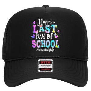 Happy Last Day Of School Tie Dye Lunch Lady Life Summer High Crown Mesh Back Trucker Hat