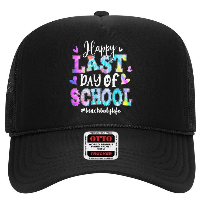 Happy Last Day Of School Tie Dye Lunch Lady Life Summer High Crown Mesh Back Trucker Hat