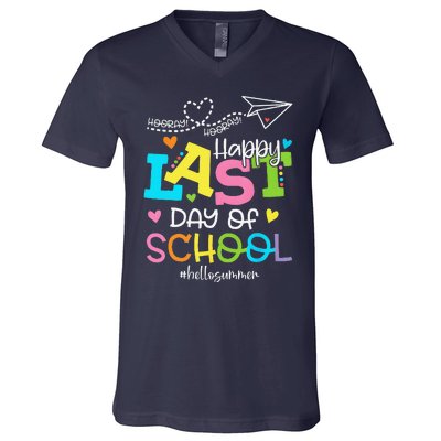 Happy Last Day Of School Hello Summer Students And Teachers V-Neck T-Shirt