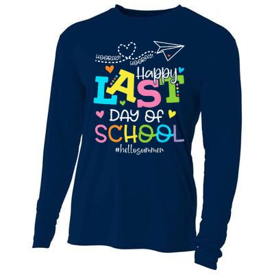 Happy Last Day Of School Hello Summer Students And Teachers Cooling Performance Long Sleeve Crew