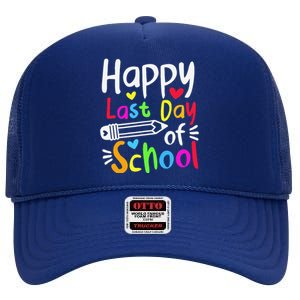 Happy Last Day Of School Students Women Funny Summer Beak High Crown Mesh Back Trucker Hat