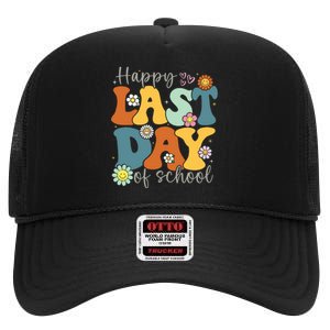 Happy Last Day Of School Graduation Groovy Teacher Student High Crown Mesh Back Trucker Hat