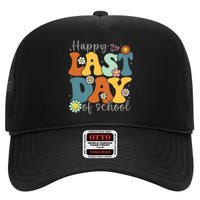 Happy Last Day Of School Graduation Groovy Teacher Student High Crown Mesh Back Trucker Hat