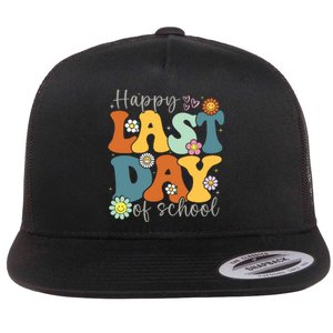 Happy Last Day Of School Graduation Groovy Teacher Student Flat Bill Trucker Hat