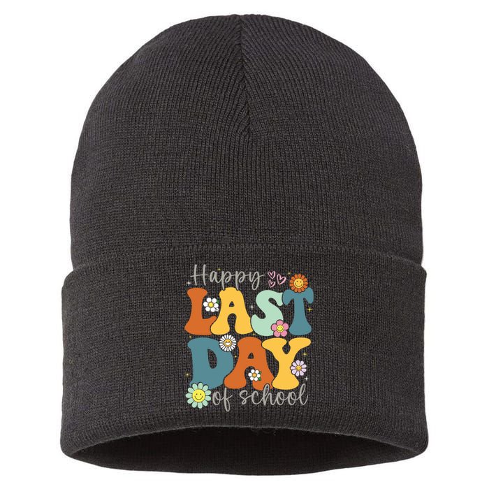 Happy Last Day Of School Graduation Groovy Teacher Student Sustainable Knit Beanie