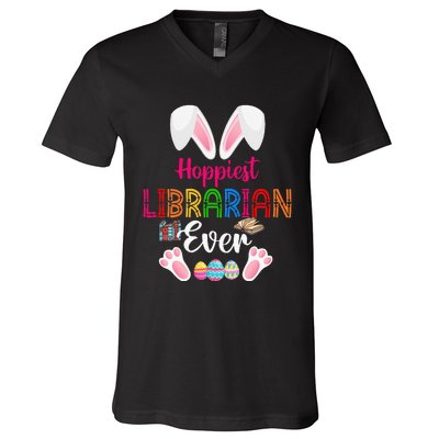 Hoppiest Librarian Ever Costume Bunny Easter Chocolate Eggs V-Neck T-Shirt