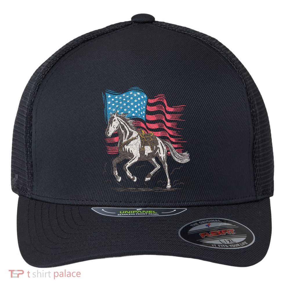Horse Lover Equestrian American Flag Flexfit Unipanel Trucker Cap