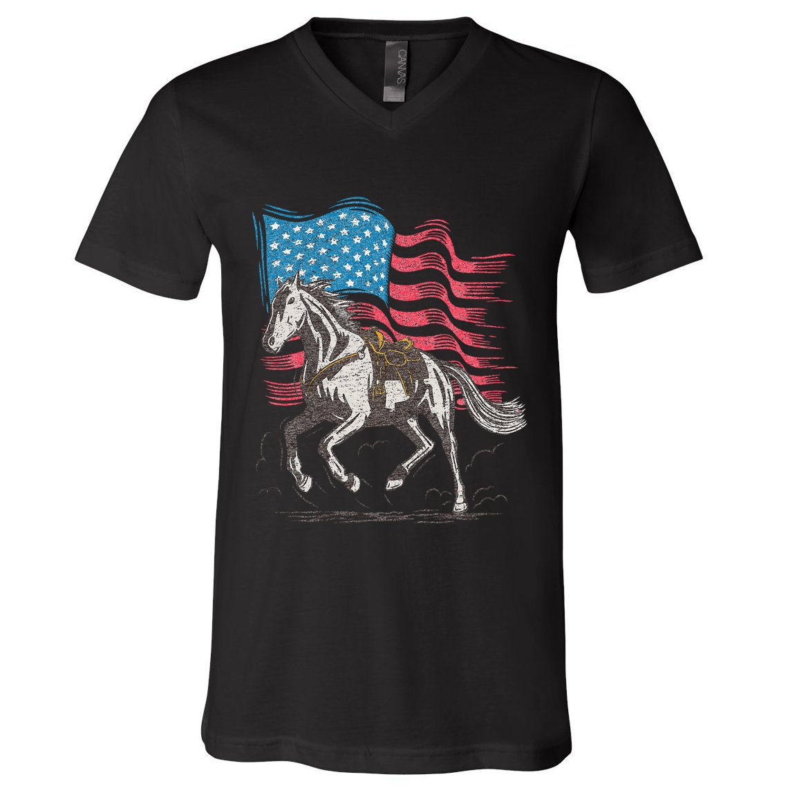 Horse Lover Equestrian American Flag V-Neck T-Shirt