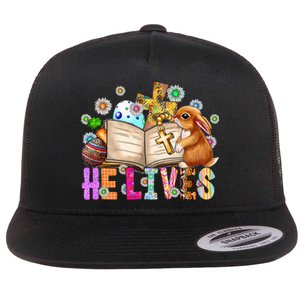 He Lives Easter Cross Jesus Religious Easter Day Christians Flat Bill Trucker Hat