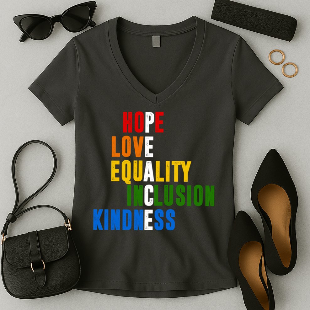 Hope Love Equality Inclusion Kindness Peace Quote Women's V-Neck T-Shirt