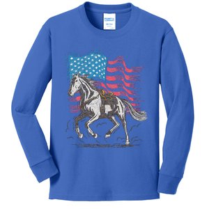 Horse Lover Equestrian American Flag Kids Long Sleeve Shirt