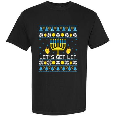 Hanukkah Let's Get Lit Jewish Ugly Sweater Channukah Menorah Garment-Dyed Heavyweight T-Shirt