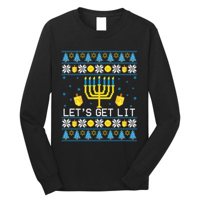 Hanukkah Let's Get Lit Jewish Ugly Sweater Channukah Menorah Long Sleeve Shirt