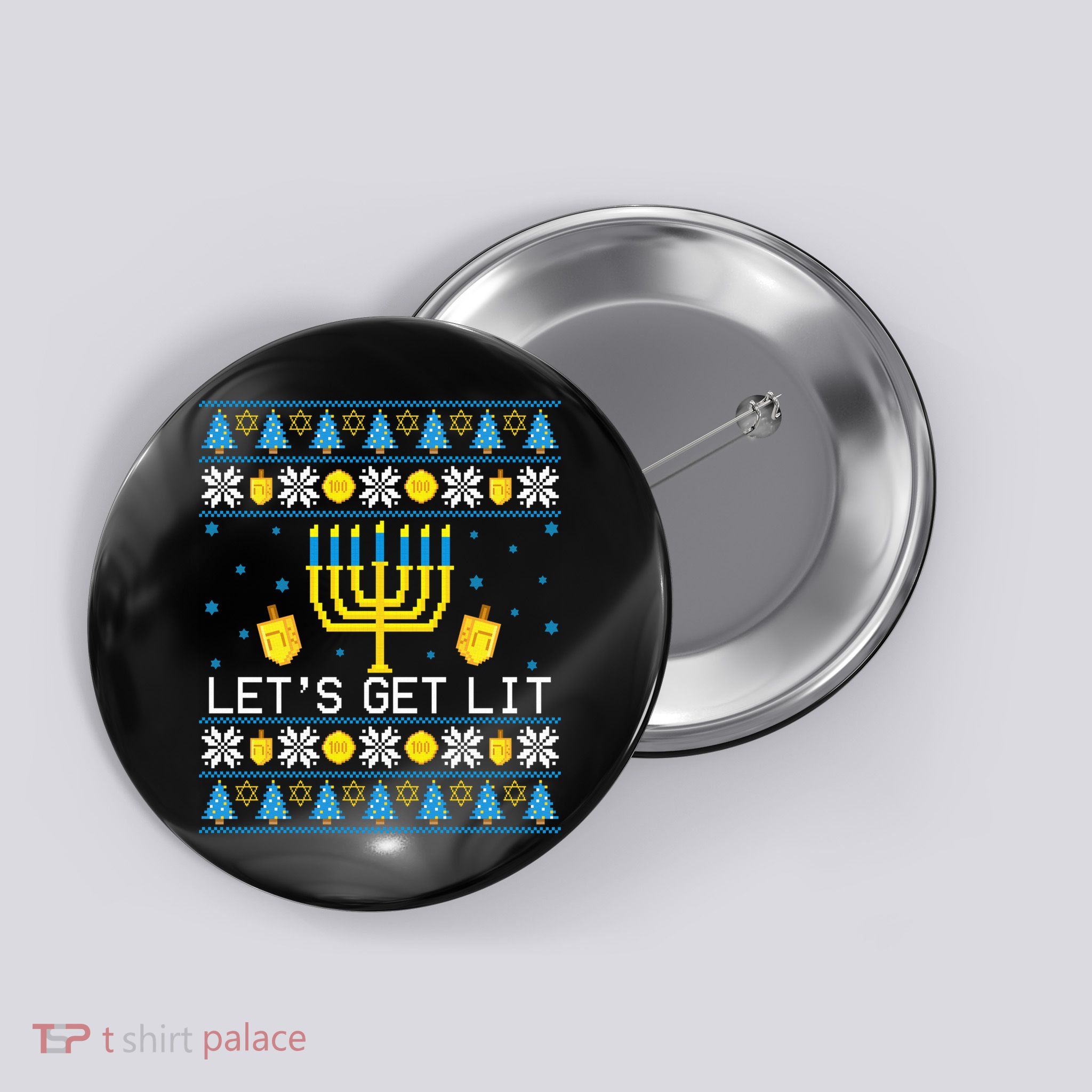 Hanukkah Let's Get Lit Jewish Ugly Sweater Channukah Menorah Button