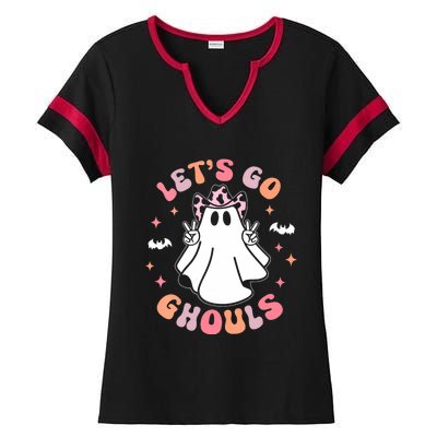 Halloween Lets Go Ghouls Ghost Retro Costume Ladies Halftime Notch Neck Tee