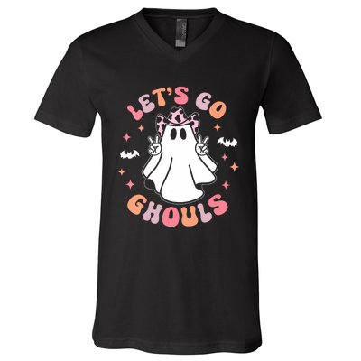 Halloween Lets Go Ghouls Ghost Retro Costume V-Neck T-Shirt