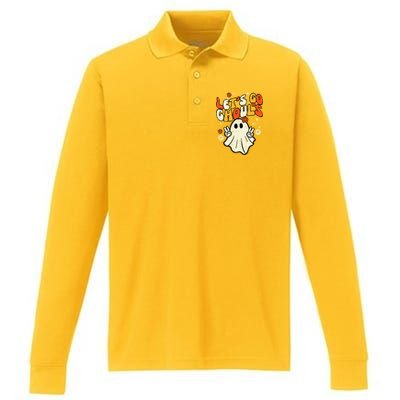 Halloween Lets Go Ghouls Ghost Performance Long Sleeve Polo