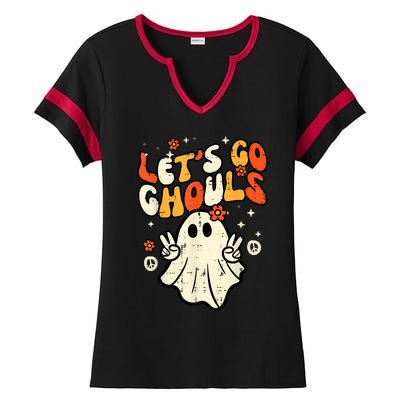 Halloween Lets Go Ghouls Ghost Retro Costume Women Girl Ladies Halftime Notch Neck Tee