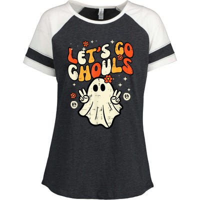 Halloween Lets Go Ghouls Ghost Retro Costume Women Girl Enza Ladies Jersey Colorblock Tee