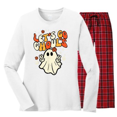 Halloween Lets Go Ghouls Ghost Retro Costume Women Girl Women's Long Sleeve Flannel Pajama Set 