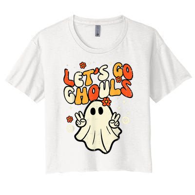 Halloween Lets Go Ghouls Ghost Retro Costume Women Girl Women's Crop Top Tee