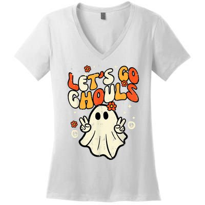 Halloween Lets Go Ghouls Ghost Retro Costume Women Girl Women's V-Neck T-Shirt