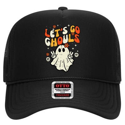 Halloween Lets Go Ghouls Ghost Retro High Crown Mesh Back Trucker Hat