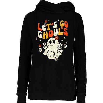 Halloween Lets Go Ghouls Ghost Retro Womens Funnel Neck Pullover Hood