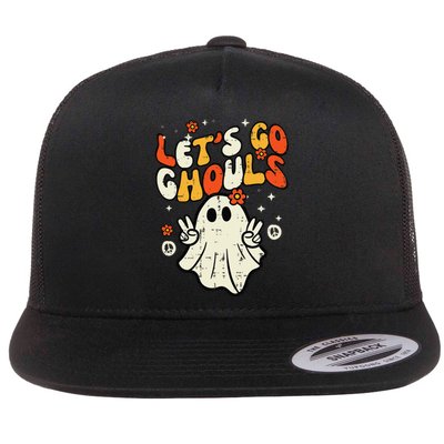 Halloween Lets Go Ghouls Ghost Retro Flat Bill Trucker Hat