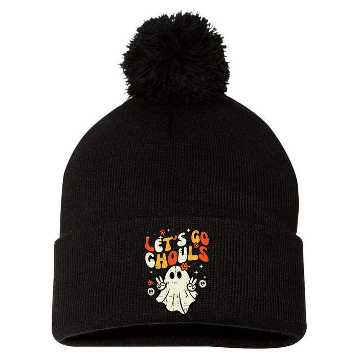 Halloween Lets Go Ghouls Ghost Retro Pom Pom 12in Knit Beanie