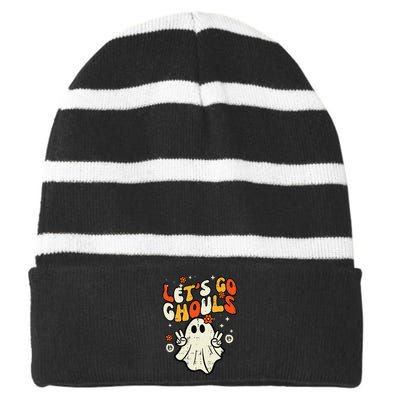 Halloween Lets Go Ghouls Ghost Retro Striped Beanie with Solid Band