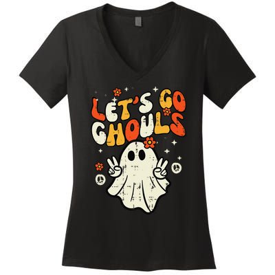 Halloween Lets Go Ghouls Ghost Retro Women's V-Neck T-Shirt